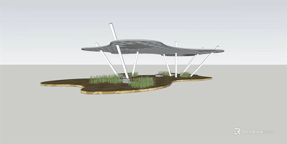 Modern Pergola Design With White Pillars And Wavy Canopy Over Green Plants 3d model 