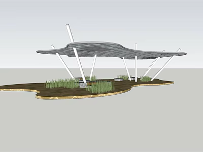 Modern Pergola Design With White Pillars And Wavy Canopy Over Green Plants 3d model