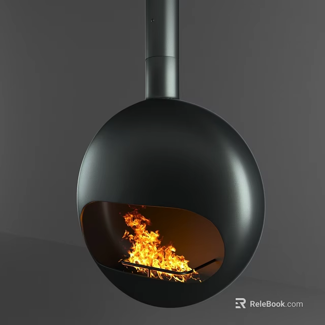 Modern Black Spherical Fireplace with Burning Fire in Contemporary Interior Design 3d model 