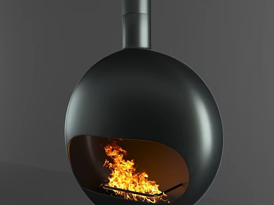 Modern Black Spherical Fireplace with Burning Fire in Contemporary Interior Design 3d model