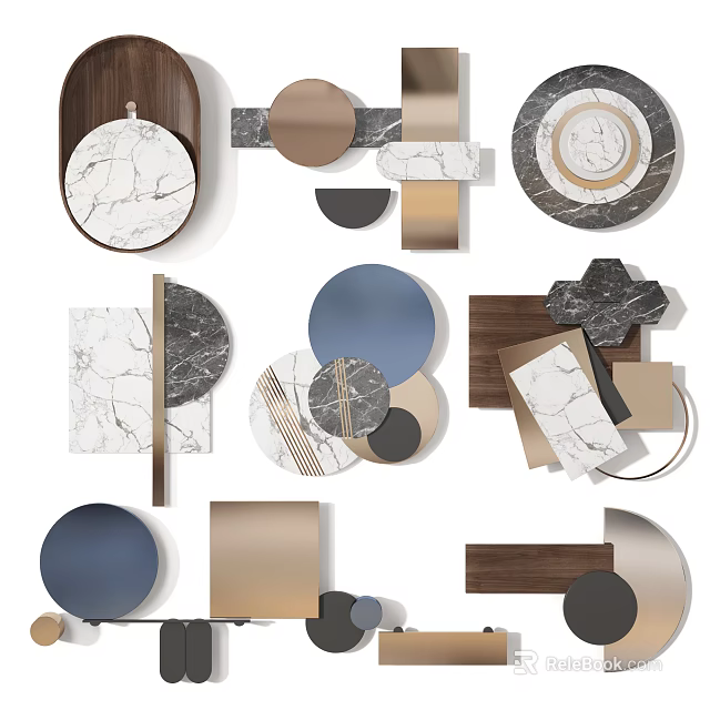 Modern Geometric Wall Decor With Marble Wooden And Metallic Circular Elements For Contemporary Interior Design 3d model 