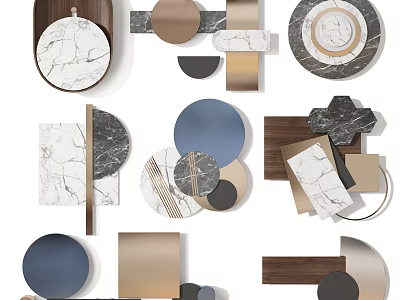 Modern Geometric Wall Decor With Marble Wooden And Metallic Circular Elements For Contemporary Interior Design 3d model