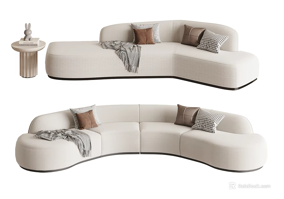 Curved Beige Sectional Sofa With Throw Pillows Blanket And Side Table Rabbit Decor 3d model 