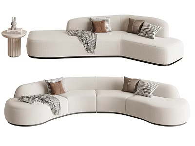 Curved Beige Sectional Sofa With Throw Pillows Blanket And Side Table Rabbit Decor 3d model