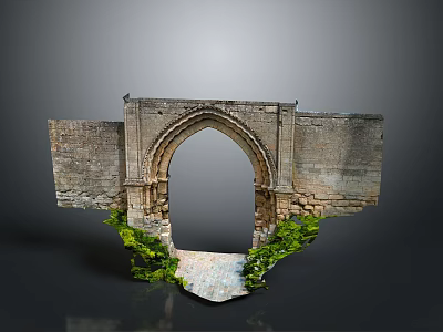 Ancient Stone Archway With Ruined Stone Walls Green Plants And Stone Path 3d model
