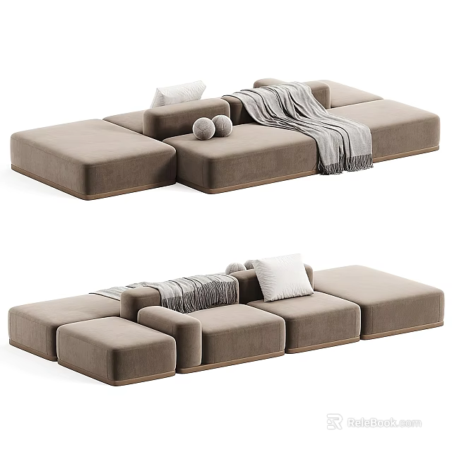 Cozy Light Brown Modular Sectional Sofa with Throw Pillows and Blanket for Modern Living Room 3d model 