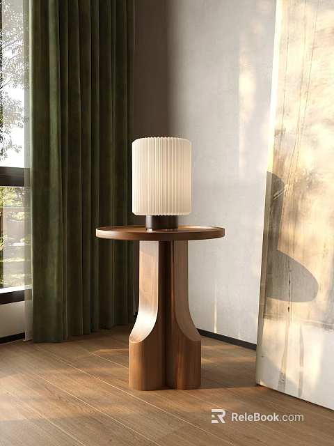 Wooden Side Table With Round Top And White Pleated Lampshade Near Green Curtains Window 3d model 