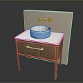Modern Wooden Bathroom Cabinet With White Countertop And Round Basin And Wall Mounted Faucets