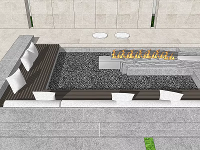 Modern Outdoor Public Seating With Stone Floor Pebbles Fire Pit And Cushions 3d model