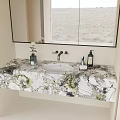 Modern Bathroom Washbasin with Patterned Marble Countertop Mirror Vase and Window View 3d model