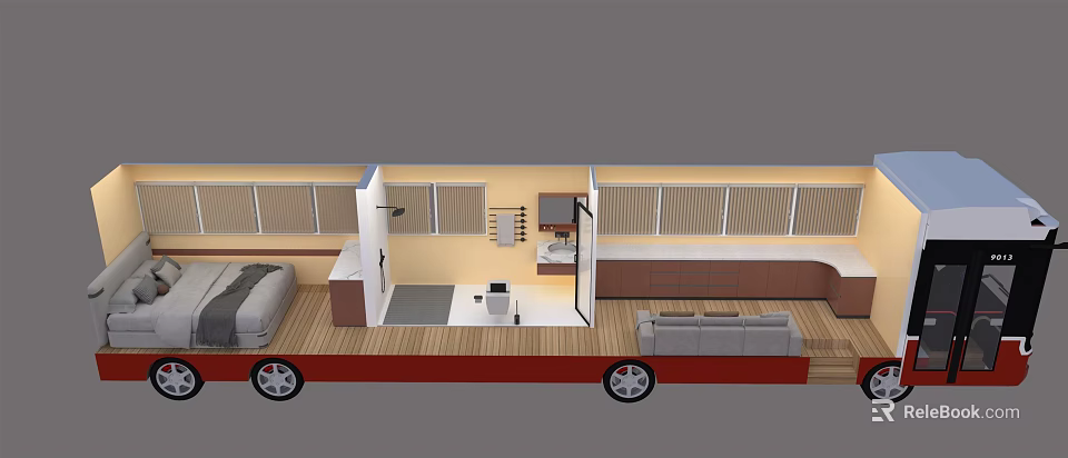 Modern Motorhome Interior With Sofa Bed Kitchen Red Chassis And Black Wheels 3d model 