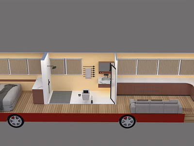 Modern Motorhome Interior With Sofa Bed Kitchen Red Chassis And Black Wheels 3d model