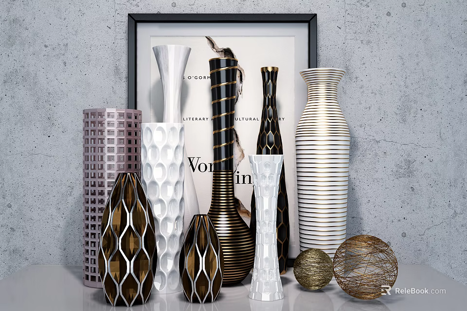 Decorative Vases With Various Patterns Textures And Golden Spheres On Gray Wall 3d model