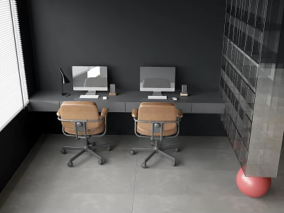Modern Office Desk Setup With Two Computer Monitors And Brown Office Chairs 3d model