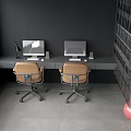 Modern Office Desk Setup With Two Computer Monitors And Brown Office Chairs
