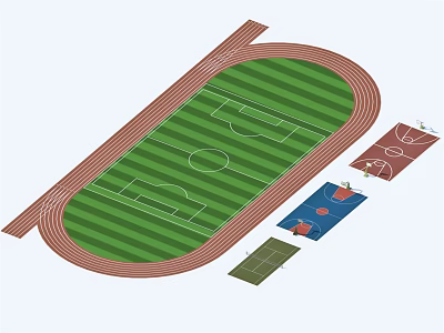 Soccer Field With Surrounding Running Track And Adjacent Sports Courts Layout 3d model