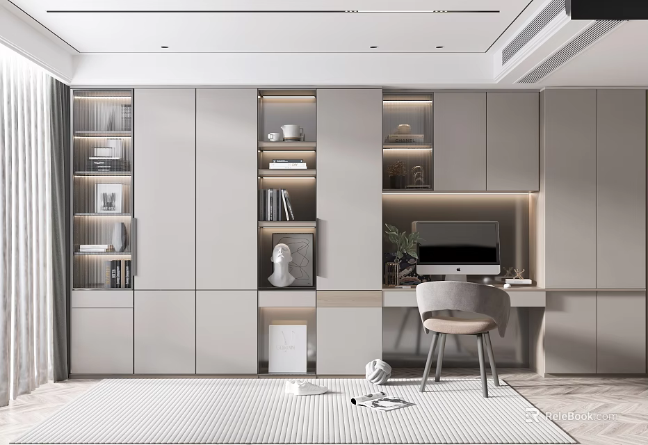 Modern Built in Bookcase with Desk and Decorative Lighting for Home Office Interior 3d model 