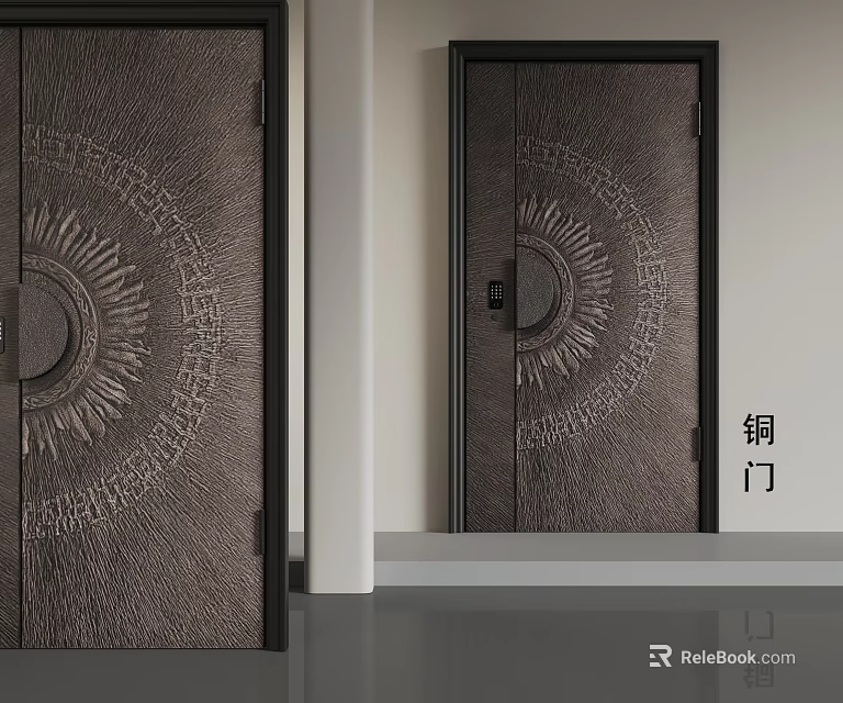 Elegant Durable Copper Security Door With Carved Sun Pattern Design 3d model 