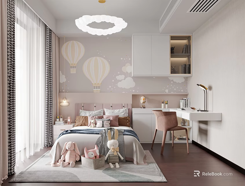 Kids Room With Hot Air Balloon Wallpaper Cloud Decor Bed Stuffed Toys Desk And Chair 3d model 