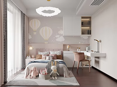 Kids Room With Hot Air Balloon Wallpaper Cloud Decor Bed Stuffed Toys Desk And Chair 3d model