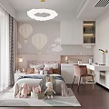 Kids Room With Hot Air Balloon Wallpaper Cloud Decor Bed Stuffed Toys Desk And Chair