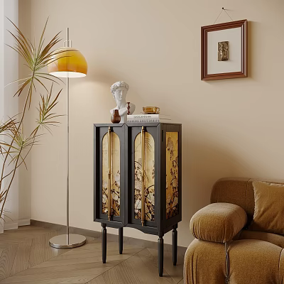 Modern Entryway Side Cabinet With Glass Doors Floor Lamp And Sculpture Decor 3d model
