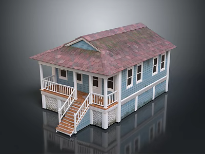 Small Blue House Model With Red Roof White Porch Railings And Wooden Stairs 3d model