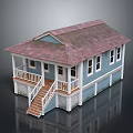 Small Blue House Model With Red Roof White Porch Railings And Wooden Stairs