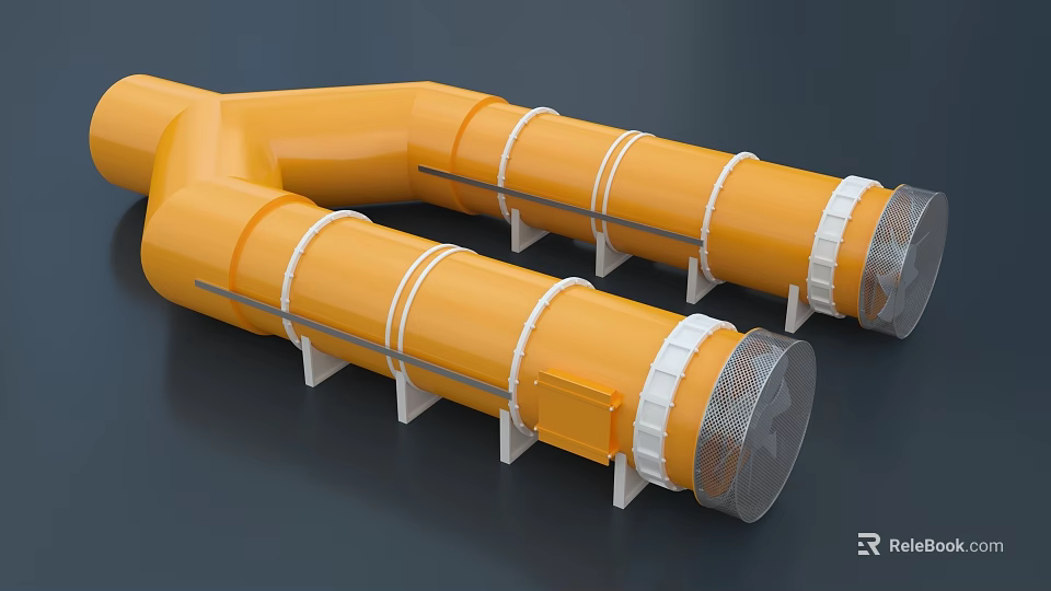 Industrial Equipment Orange Tubular Design Featuring White Rings And Metal Supports 3d model 