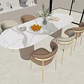 Elegant Modern Dining Table Set With White Marble Top Beige Brown Chairs And Golden Legs