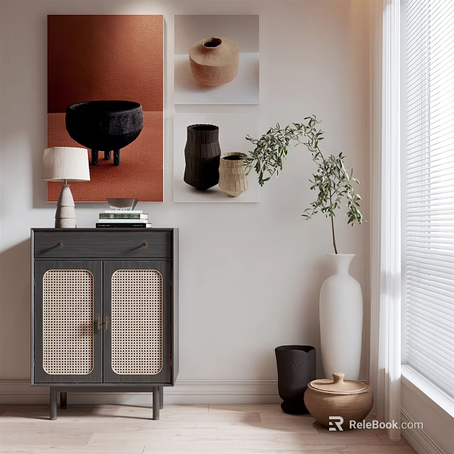 Gray Sideboard with Rattan Doors Table Lamp Books Green Plant and White Vase 3d model 