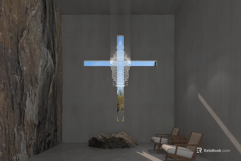 Modern Chain Chandelier In Room With Gray Walls Rock Wall Window Natural Light And Chairs 3d model