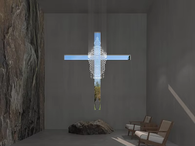 Modern Chain Chandelier In Room With Gray Walls Rock Wall Window Natural Light And Chairs 3d model