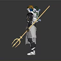 Fantasy Armored Character Standing Beside Steam Train With Trident And Hat