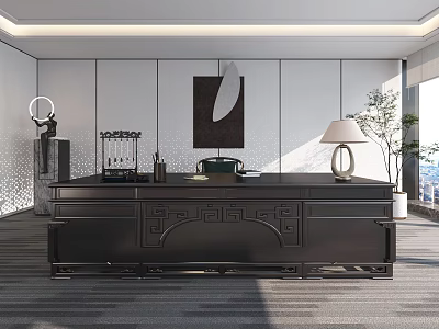 Modern Office Desk With Carved Details Table Lamp Decorations And Green Plant In Minimalist Interior 3d model
