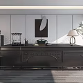 Modern Office Desk With Carved Details Table Lamp Decorations And Green Plant In Minimalist Interior