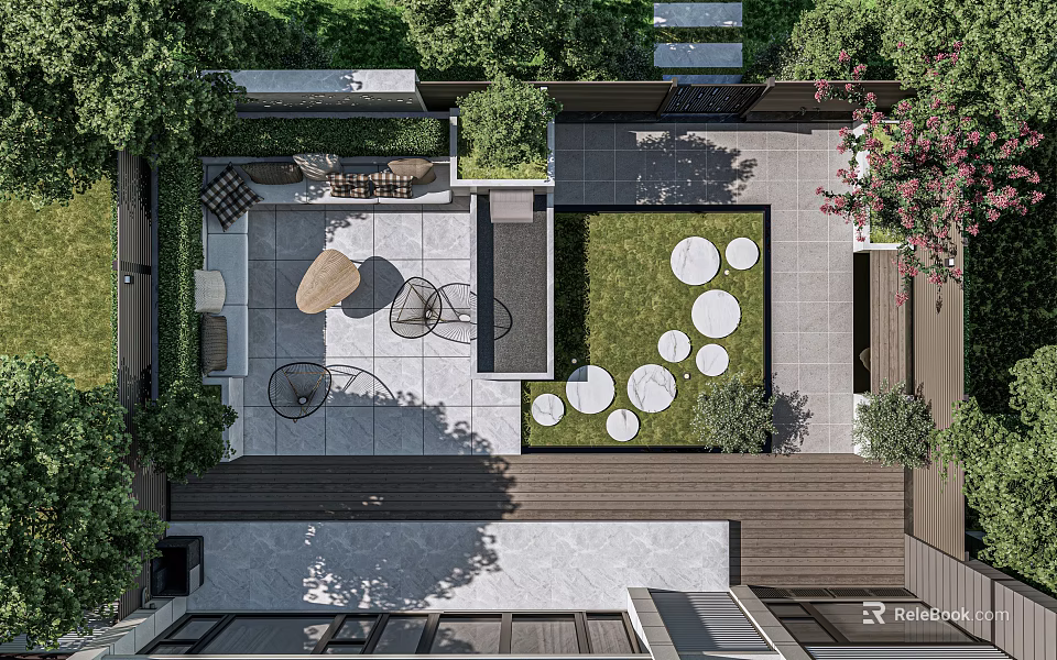 Modern Courtyard Garden Design With Stone Paving Lawn Area Greenery And Circular Outdoor Seating 3d model 