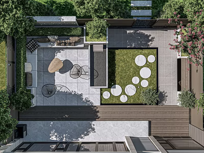 Modern Courtyard Garden Design With Stone Paving Lawn Area Greenery And Circular Outdoor Seating 3d model