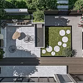 Modern Courtyard Garden Design With Stone Paving Lawn Area Greenery And Circular Outdoor Seating