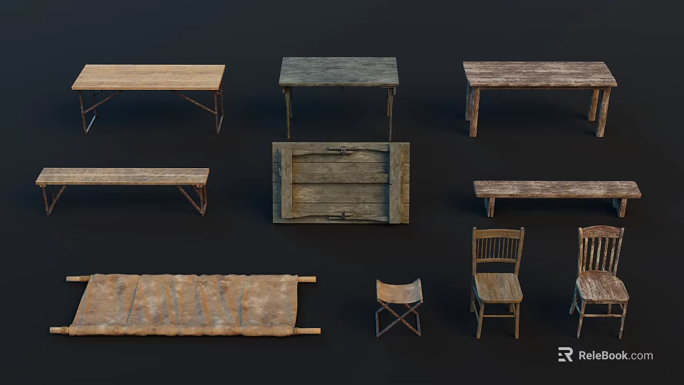 Rustic Wooden Furniture Set With Tables Benches Chairs And Storage Chest 3d model 