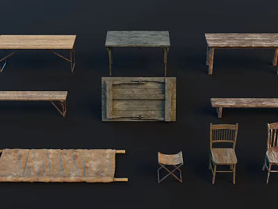 Rustic Wooden Furniture Set With Tables Benches Chairs And Storage Chest 3d model
