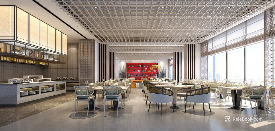 Modern Restaurant Interior With Red Accent Wall Grid Ceiling Dining Tables And Chairs 3d model
