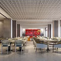Modern Restaurant Interior With Red Accent Wall Grid Ceiling Dining Tables And Chairs 3d model
