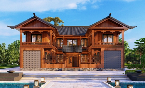 Chinese-style two-story single-family villa exterior su model wooden house 3d model