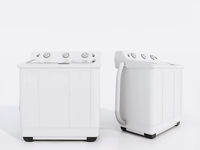 Two White Twin Tub Washing Machines With Control Panel Knobs And Sleek Design For Home Use 3d model