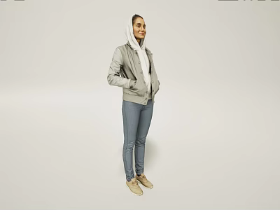 Woman in Gray Hooded Jacket White Scarf Blue Jeans and Beige Shoes in Light Backdrop 3d model