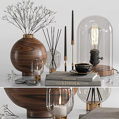 Decorative Ornament Set Featuring Wooden Vase Dried Branches Reed Diffusers Candle Bulb Books Coffee Cup 3d model