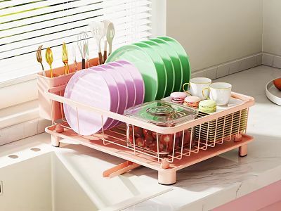 Pink Dish Drying Rack With Colorful Plates Mugs And Utensils On Kitchen Countertop 3d model