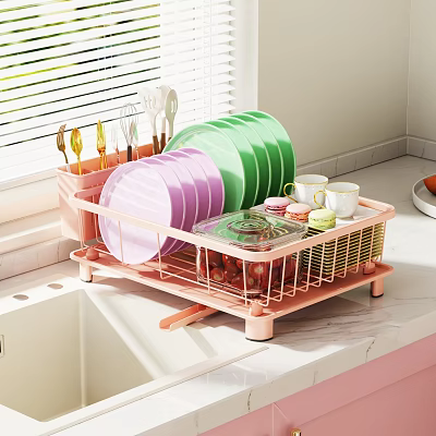 Pink Dish Drying Rack With Colorful Plates Mugs And Utensils On Kitchen Countertop 3d model