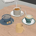 Colorful Ceramic Mugs with Coffee Tea Latte on Wooden Table with Sugar Cubes and Spoons